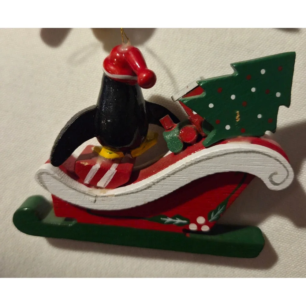 Vintage Wooden Penguin Christmas Ornaments Set of‎ 4 Sleigh Candy Cane Tree Hat